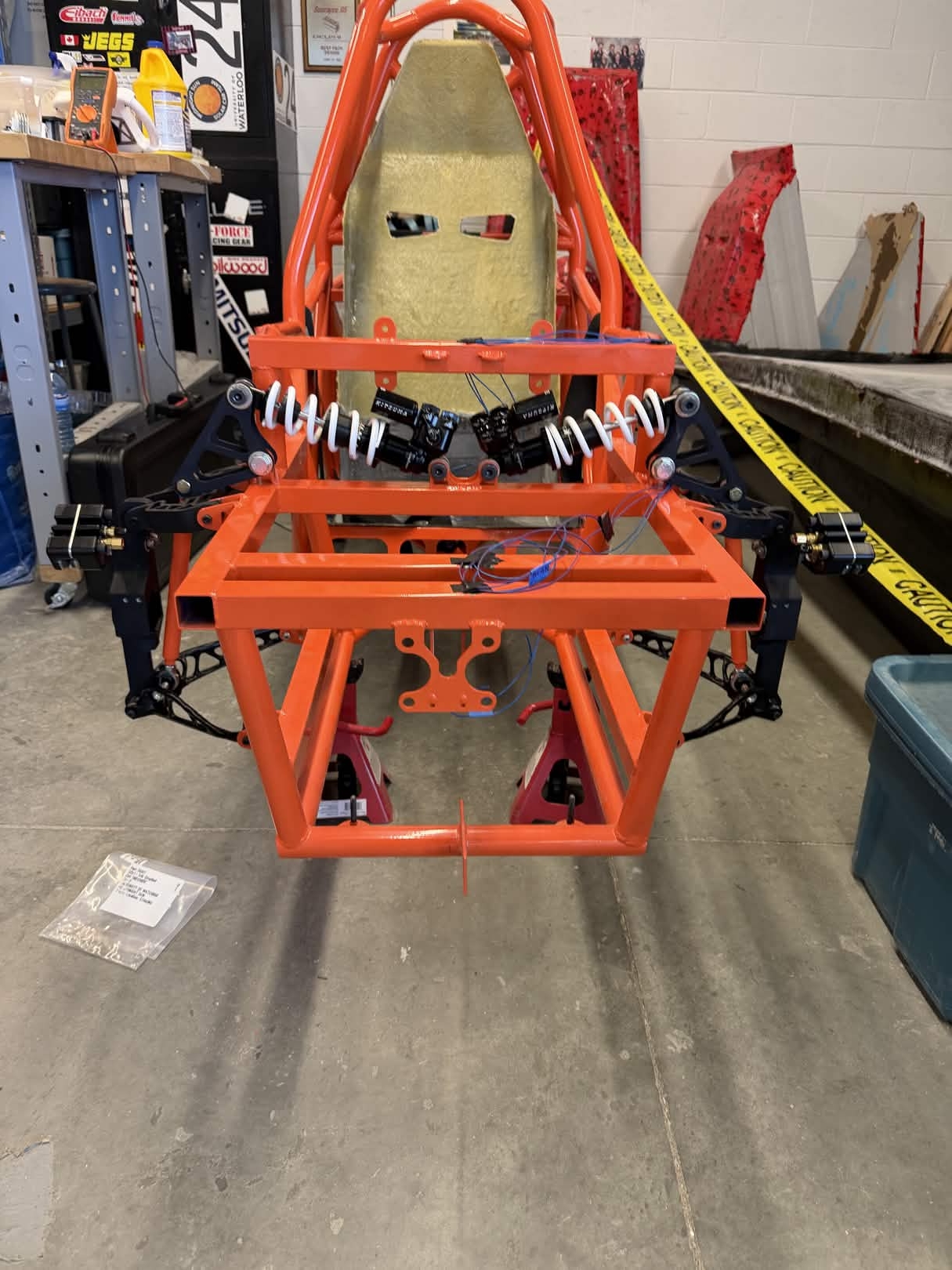 Assembled front suspension prototype on the bench